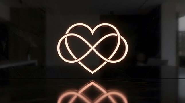 Infinity Heart Symbol Glowing on Dark Obsidian Wall, Symbolizing Eternal Love and Connection
