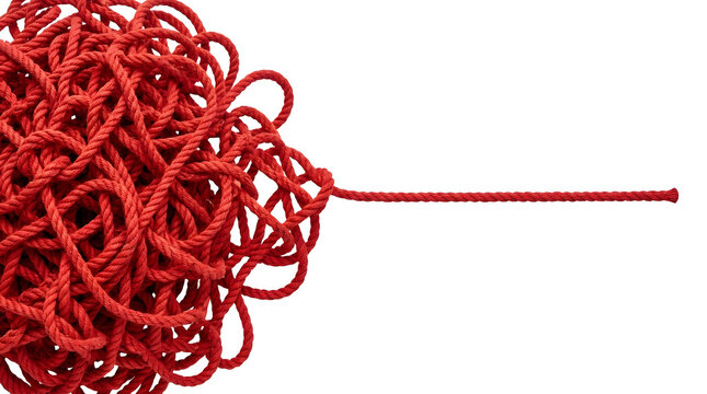 A tangled ball of red string with one end neatly extended and knotted on a white background.