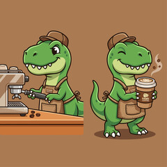 Cute cartoon dinosaur barista making and serving coffee. © Arviz