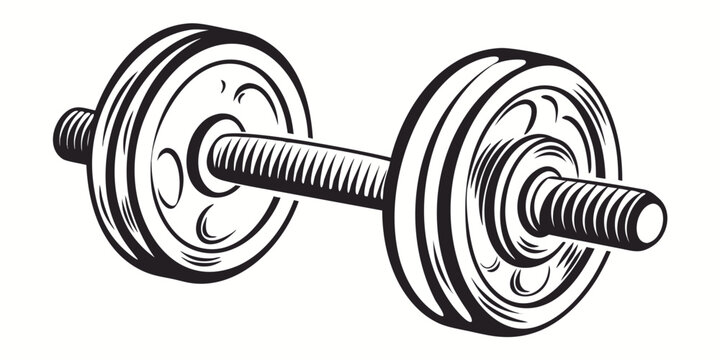 Detailed black and white vector illustration of a standard iron gym dumbbell for weight lifting with dumbbell strength training exercise equipment bodybuilding physical wellness lifestyle