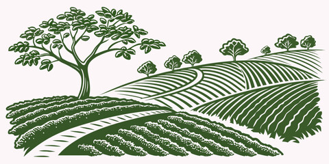 Green stylized landscape illustration with rolling farmland fields and a large tree farmland landscape agriculture illustration cultivated environment engraving background vegetation © Lisa
