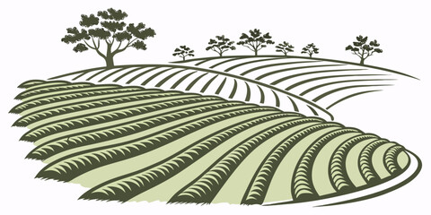 Stylized illustration of cultivated farmland rows on rolling hills with decorative trees farmland landscape agriculture illustration cultivated environment engraving background vegetation © Lisa