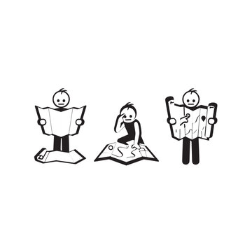 Cartoon characters reading large unfolded maps together.