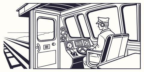 Illustration of professional train driver operating locomotive from cab with headset locomotive operator transport dashboard professional transportation interior steering technology railroad © Lisa