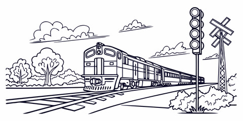 Passenger train moving past a railroad traffic signal and crossing with locomotive railroad crossing transportation transport illustration monochrome landscape passenger infrastructure © Lisa