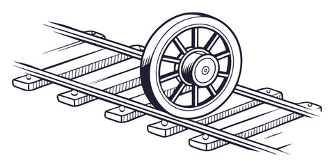 Single vintage train wheel on railway tracks line art illustration with transportation locomotive mechanical engineering railroad machinery component technology illustration industrial © Lisa