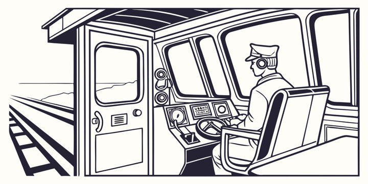 Illustration of professional train driver operating locomotive from cab with headset locomotive operator transport dashboard professional transportation interior steering technology railroad