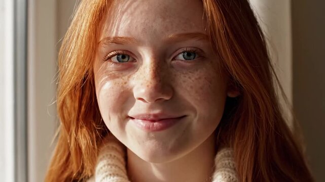Young redhead girl with freckles looking at camera, then smiling beautifully.