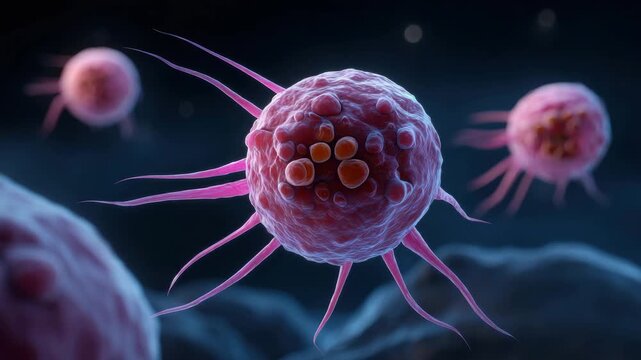 Cancer cell in dark medical background, malignant 3d render with pink membrane and floating spheres, microscopic tumor disease biology science medical research anatomy pathology oncology laboratory