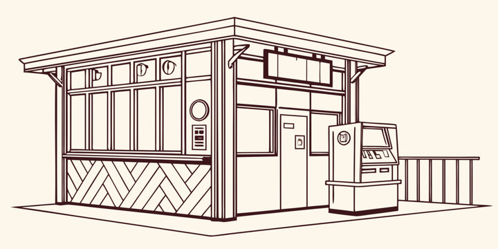 Modern train station information and ticketing booth with self service terminal transportation architecture building illustration minimalist monochrome facility transport customer