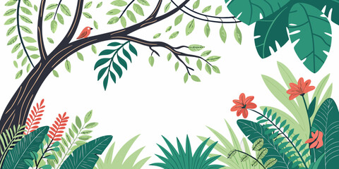 Tropical jungle foliage frame with exotic flowers and a small bird tropical botanical rainforest wildlife background illustration environment colorful wallpaper stylized abstract exoticism © Lisa