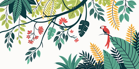 Exotic parrot in a tropical jungle with lush leaves and flowers tropical rainforest botanical colorful wildlife background illustration stylized ecosystem exoticism wilderness wallpaper © Lisa