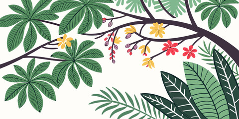 Botanical jungle frame with blooming tropical flowers and leafy branches botanical tropical rainforest background illustration wallpaper ecosystem exoticism wilderness vegetation wildlife © Lisa