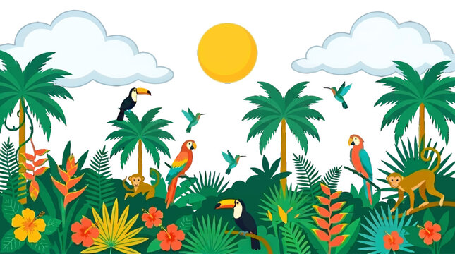 Vibrant Tropical Jungle Landscape with Exotic Birds and Monkeys
