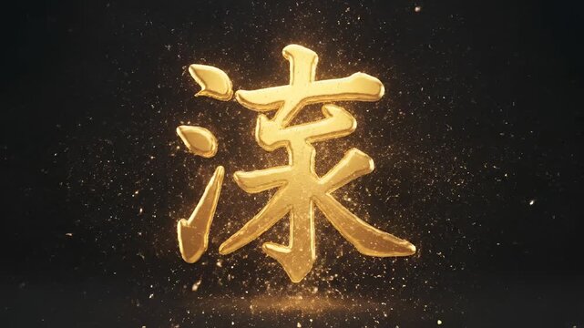 Golden Chinese Character Dong with Fiery Energy and Particles.