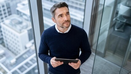 Fototapeta premium Pensive Professional Man Holding Digital Tablet in Modern Office with City View