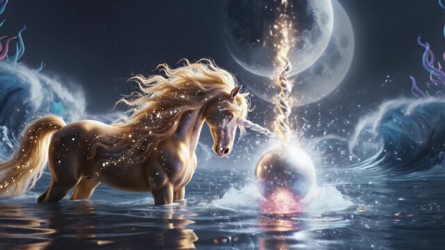 Golden Unicorn Traversing a Celestial Moonlit Sea Amid Surreal Purple Waves