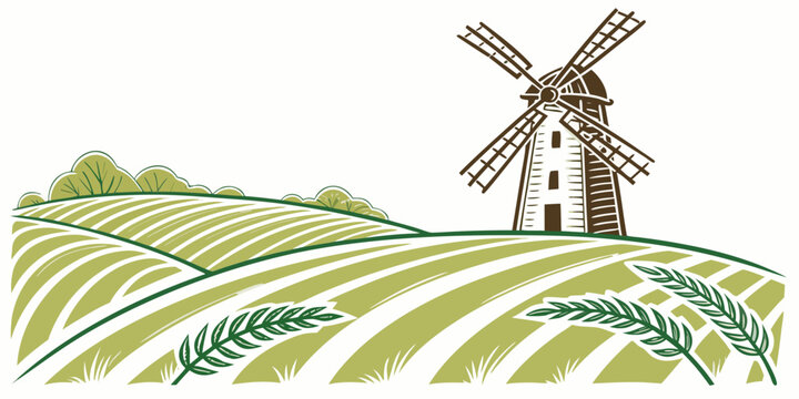 Rural countryside landscape with windmill and cultivated agricultural fields landscape windmill agriculture countryside cultivation farmhouse environment illustration landform traditional