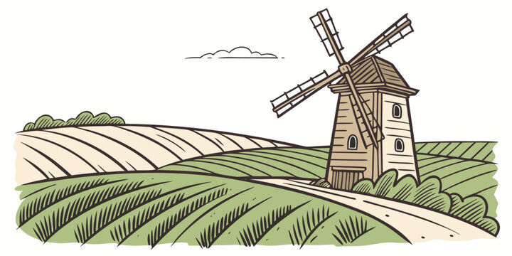 Rustic windmill in rolling hills countryside sketch illustration with windmill landscape countryside agriculture illustration structure environment traditional building landform vegetation