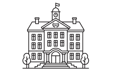 Fototapeta premium Linear drawing of a traditional building with a clock tower and trees, line art