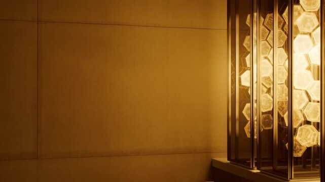 Modern hexagonal light installation pulsing in warm golden interior