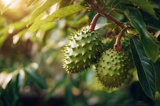 Ripe soursop fruit hangs from a tree in a tropical garden.