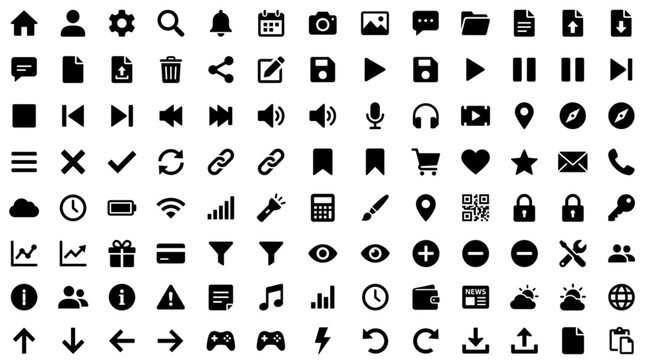 Collection of various black icons on white background.