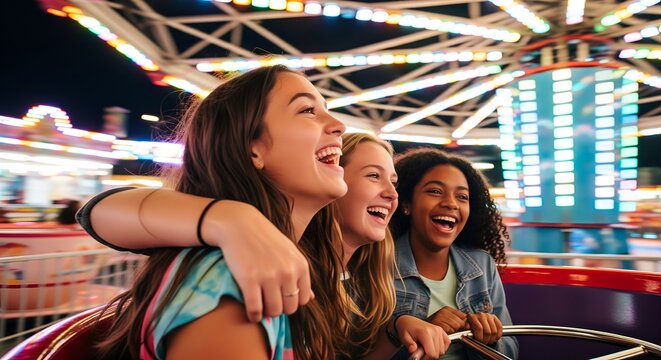Three teenage friends laughing while riding an amusement park carousel at night
