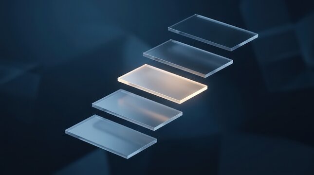 Floating glass approval stages with glowing active panel on blue abstract background for workflow progress header and corporate copy space