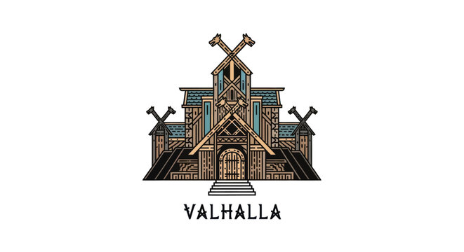 Viking Hall of Heroes, Valhalla, Norse Mythology Building, Axe Decor