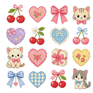 Cross stitch embroidery element set, cute pixel art style illustrations of cats, hearts, cherries, ribbons, and gift box, cottagecore needlework icons isolated on white background