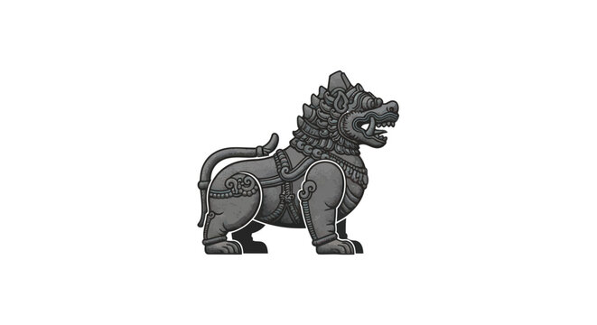 Ancient Stone Lion Statue, Mythical Creature, Temple Guardian, Asian Art, White Background