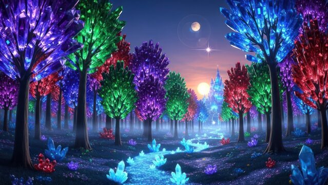 Fantasy landscape with vibrant trees and glowing crystals at night under the moonlight