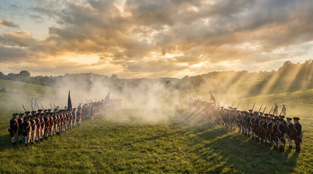 Dramatic historical reenactment of a revolutionary war battle at sunrise with soldiers in formation, smoke rising, and golden light streaming through clouds over a