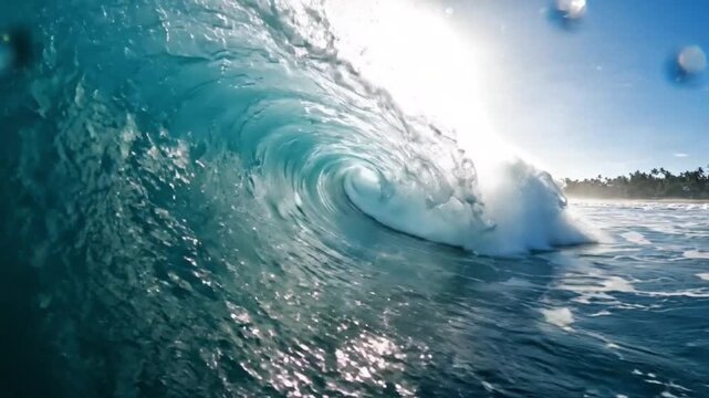 Powerful surfing waves forming perfect barrels in a tropical ocean with crystal blue water and bright sunlight reflecting naturally across the moving sea surface, energetic coastal atmosphere