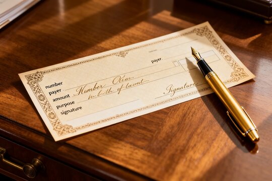 Check and pen on wooden desk