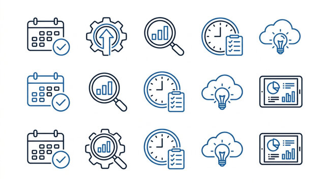 Collection of business icons representing data analysis and planning.