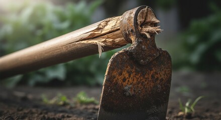 Obraz premium Closeup of a Broken Wooden Hoe Lying on the Ground.