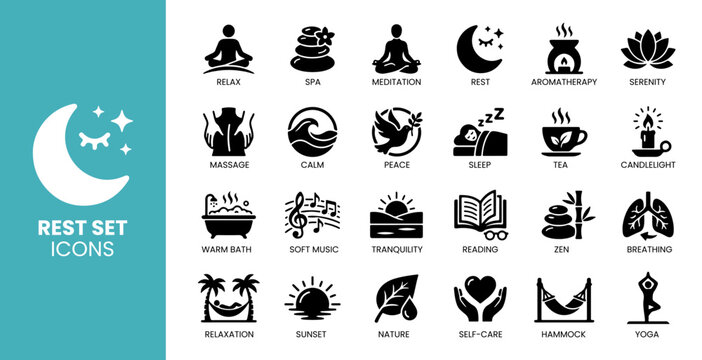 Relaxation and wellness line icon set. Vector pictograms of yoga, massage, hot tub, and meditation,  illustration. illustration vector .
