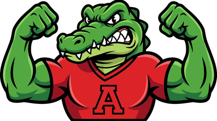 Fototapeta premium Strong Cartoon Alligator Mascot Flexing Muscles, Wearing Red T-Shirt with 'A'
