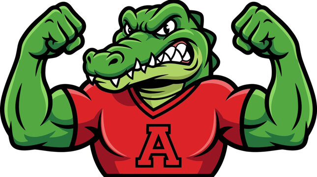 Strong Cartoon Alligator Mascot Flexing Muscles, Wearing Red T-Shirt with 'A'