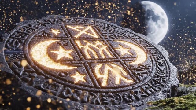 Ancient carved stone tablet under full moon at night
