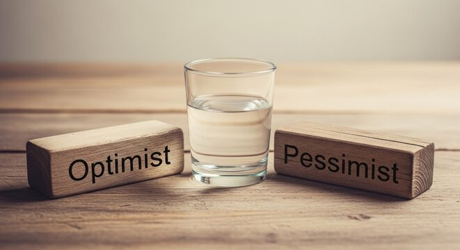 Glass of water half full or half empty concept with optimist and pessimist blocks.