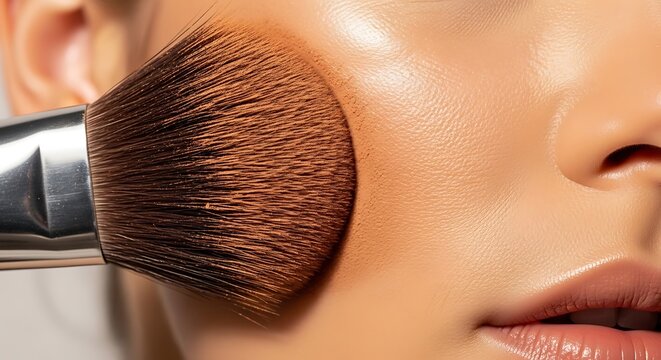 Close-up of a woman applying makeup with a brush, highlighting beauty and skincare.