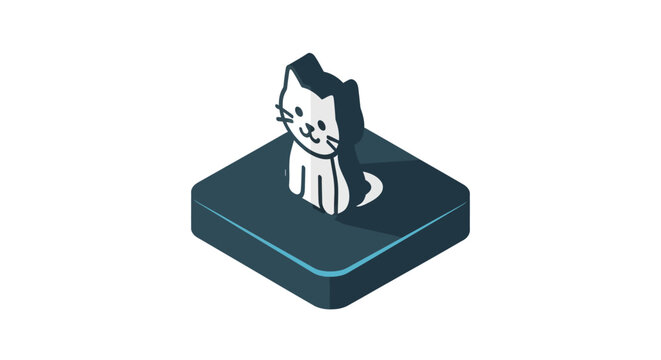 Cute Cartoon Cat Sitting on Dark Isometric Platform