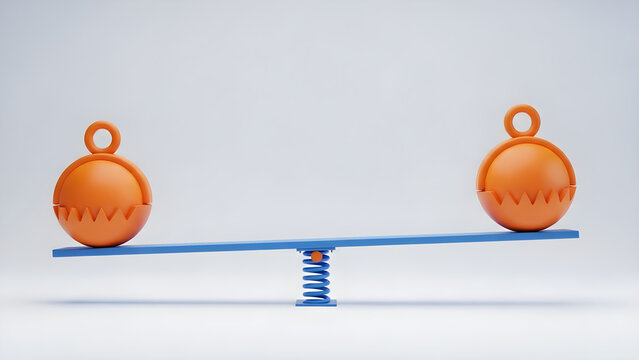 Two orange spheres balance on a blue seesaw indoors