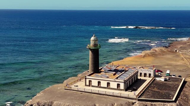 Aerial Spiral Zoom on Faro Punta de Jandia Lighthouse in Fuerteventura Spain