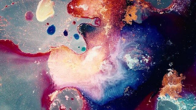 Macro top-down view of abstract alcohol ink forming cosmic nebulae with purple, blue, and gold tones. A cinematic laboratory experiment capturing creative and fluid dreams.