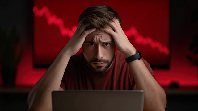 Stressed man with laptop, worried financial loss, red chart decline, anxiety, headache, frustrated market crisis, office desk, business pressure, computer screen, dark room