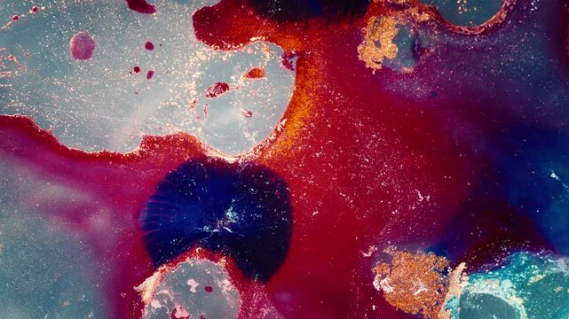 the intense mixing of blue and red alcohol inks. A dynamic top-down perspective of fluid art vining through gold particles in a bright studio setting.